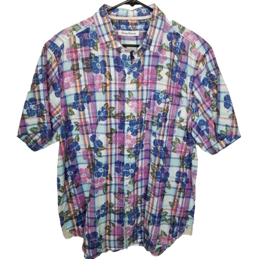 Tommy Bahama Mens L Pastino Plaid Short Sleeve Linen